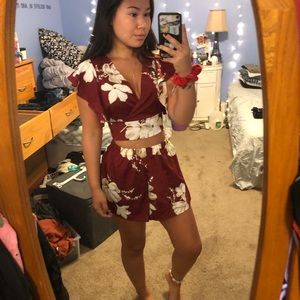 Shein Burgundy Floral 2 Piece Set